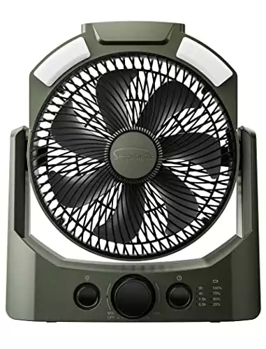 Battery Powered Camping Fan with Timer, LED, SOS Light, and 180° Rotation